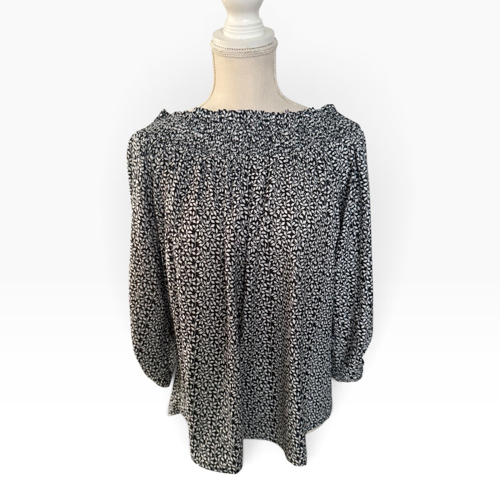 New Cezele Smocked Off The Shoulder Peasant Top Black White Leaf Print Large